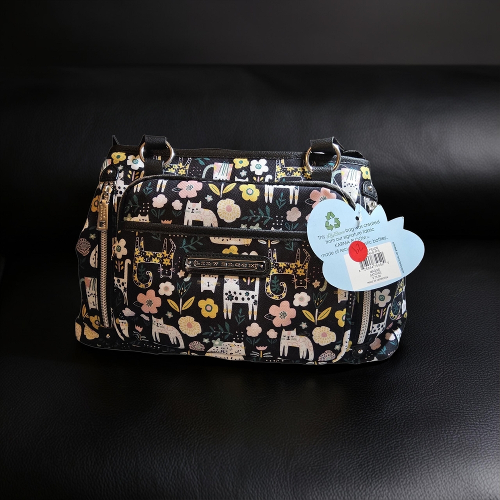NWT Lily Bloom Black Maggie Satchel with cats and flowers